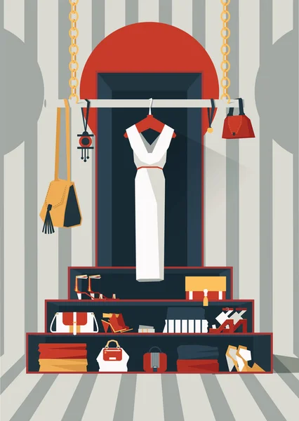 Ilustração vertical vetorial com mão desenhada vestido branco em cabides no interior gráfico criativo. Ilustração geométrica da cor. Lotes de acessórios, bolsas, sapatos, roupas em prateleiras no fundo . —  Vetores de Stock