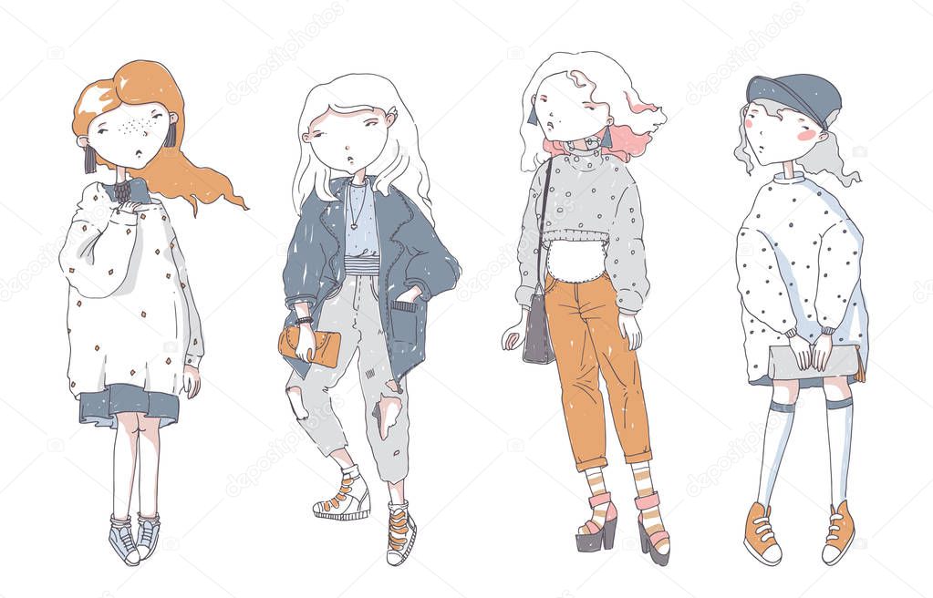Hipster cute girls in casual clothes, hand drawn, isolated on white background. Vector set with color fashion women in different poses. Pastel colors. Style concept for young lovely character