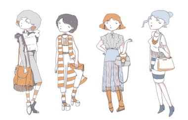 Pastel renkli moda genç kız rahat kıyafetler, el çekilmiş, beyaz arka plan üzerinde izole. Çanta, Ayakkabı, çorap, etek, hairdress sokak bakışla farklı tarzlarda kadınların tam vücut ayakta