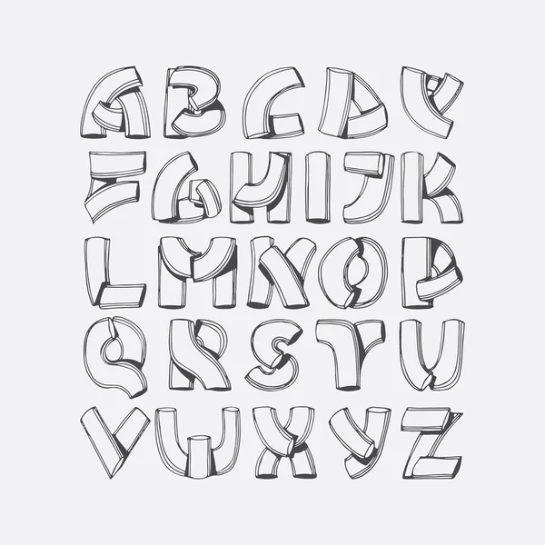 Caratteri vettoriali disegnati a mano, imitazione di lettere 3d. Sequenza di Abc dalla A alla Z, isolata sullo sfondo. Illustrazione alfabeto, buono per lettering, titoli, scrittura. Caratteri imperfetti disegnati con ombre — Vettoriale Stock