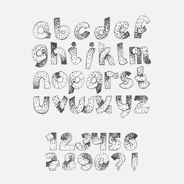 Vector set dotted alphabet from A to Z and numbers sequence fron 1 to 9. Hand drawn educative collection hand written with ink line and dots in black and white. Lowercase set good for titles, quotes. — Stock Vector