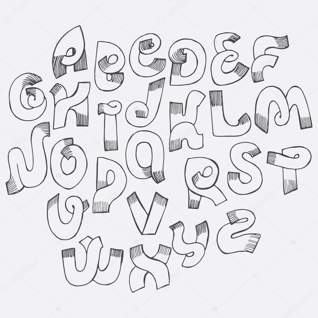 Hand drawn font with hatching. Creative abc letters sequence from A to Z written in simple sketch style with ink and nib. freehand letters design, good for writing qoutes, titles, creative lettering