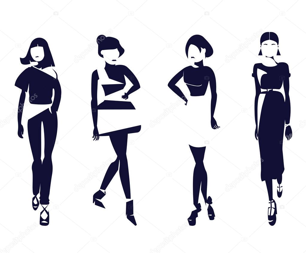 Black and white fashion silhouettes of stylish women walking at catwalk. Vector illustration set with different styles of clothes and hairstyle. Isolated women in casual and evening collections.