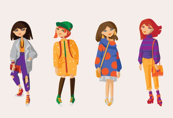 Διάνυσμα σύνολο με υπέροχα το χέρι συντάσσονται κορίτσια σε casual ρούχα και oversized πουλόβερ και ζακέτες, ξεβάμματα και πάνινα παπούτσια, κάλτσες με σανδάλια. Φωτεινό χαρακτήρες σε ζωντανά χρώματα με χαμογελαστά πρόσωπα — Διανυσματικό Αρχείο