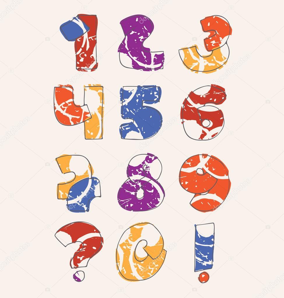 Colorful set with hand drawn numbers sequence from 0 to 9 on beige background. Vector collection hand written in bright colors. Digits decorated with abstract splashes and drops in random order.