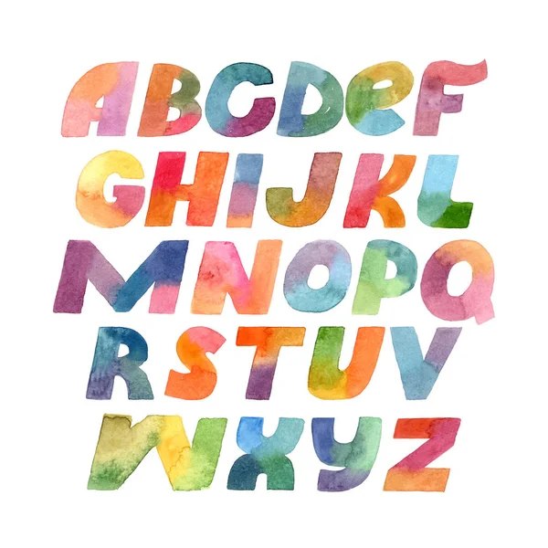 Colorful raster bold letters hand drawn with brush and gradient watercolor isolated on white background. Large font illustration with letters sequence from A to Z in bright colors. English characters — Stock Photo, Image