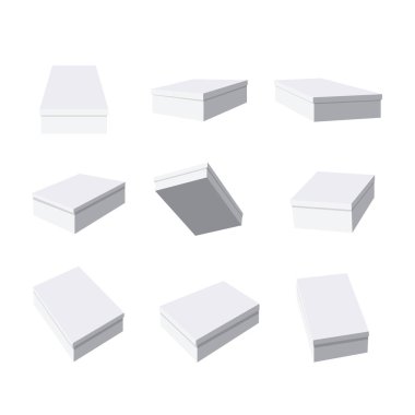 Vektör ile beyaz kutunun üst kapağı farklı foreshortening izole üzerinde beyaz arka planda çizilmiş ile ayarlayın. Koleksiyon, 9 çeşitli perspektif açısı izleyiciye oluşur. Tek renkli ambalaj seti.