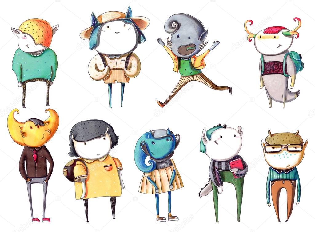 Set with hand drawn colorful monsters kids, drawn like schoolkids with books, rucksacks, in casual clothes with smiling faces. Colorful drawing with characters, standing and watching at viewer