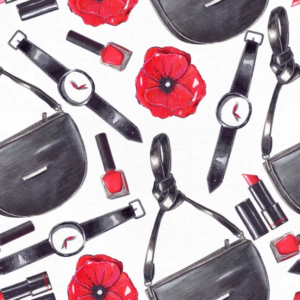 Fashion set hand drawn in bright colors with pencils and liner in red and black colors on white watercolor paper. Seamless pattern with fashion accessories handbag, watches, nail polish, poppy flower — Stock Photo, Image