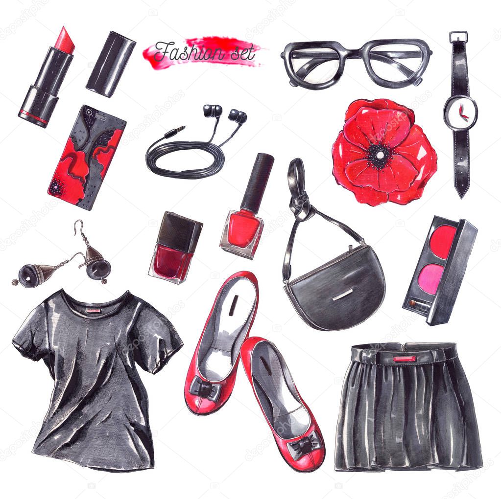 Set with black, red and white fashion objects hand drawn with pe