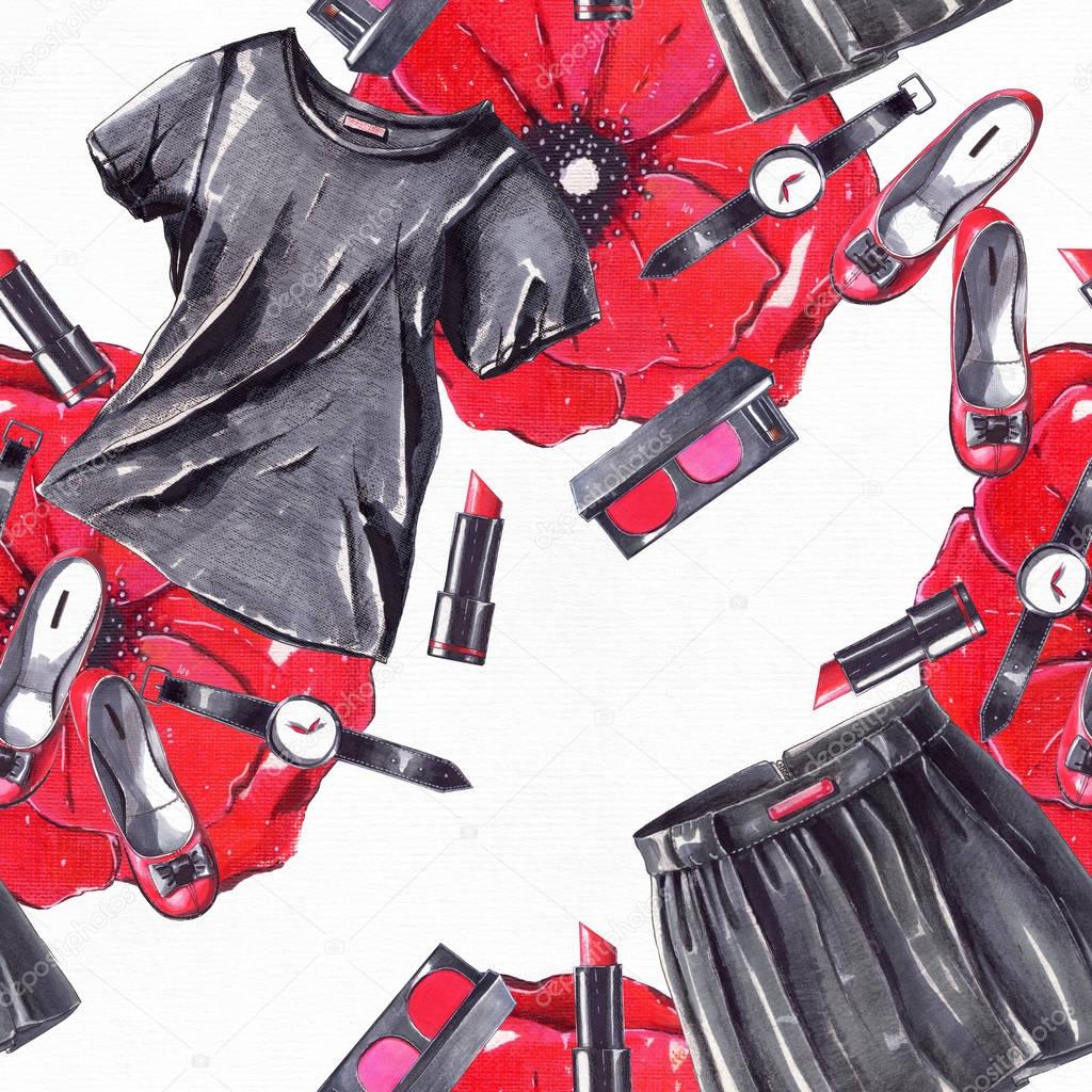 Fashion set hand drawn in bright colors with pencils and liner in red and black colors on white watercolor paper. Seamless pattern with fashion accessories handbag, watches, nail polish, poppy flower