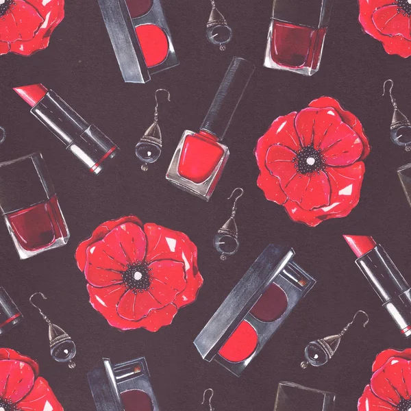 Varrat nélküli szépség termékek minta rouge, ajakrúzs, körömlakk palackok és scarlet mák virág a fekete papír. Kézzel rajzolt design, jó a szépségszalon, a bolt és a kozmetikai sarkok. — Stock Fotó
