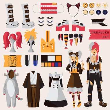Parlak Japon harajuku sokak moda, çift cosplay ve yaratıcı moda, Kimono, aksesuarlar ile görsel kei tarzında alt kültür ile ayarla hizmetçi elbise, çivi, peruk, yüksek platform ayakkabılar