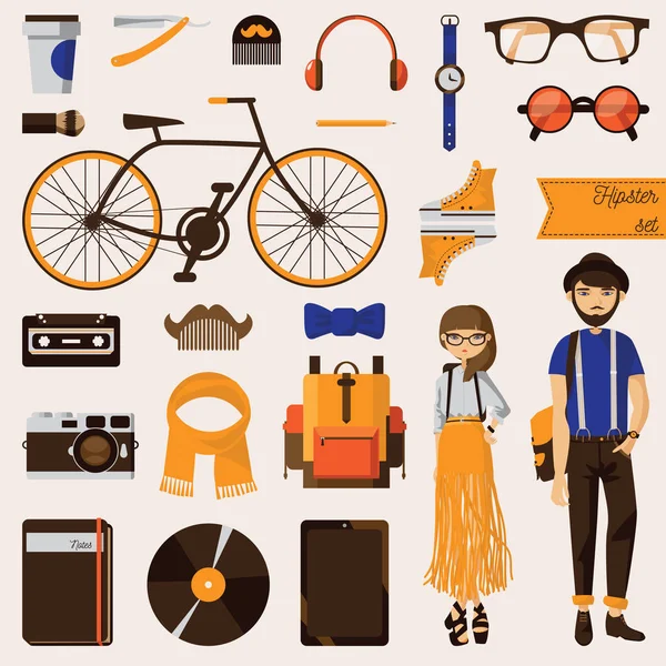 Couple de jeune fille hipster et homme barbe avec beaucoup d'accessoires à la mode comme le vélo, disque vinyle, ordinateur portable, vêtements et lunettes. Collection vectorielle dessinée à la main avec ensemble d'objets différents — Image vectorielle