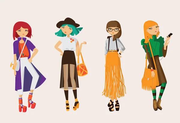 Precioso conjunto de chicas hipster jóvenes dibujados en ropa casual de calle en colores brillantes. Colección con 4 personajes diferentes con gafas, varios peinados y accesorios. Vector ilustración dibujada a mano — Vector de stock