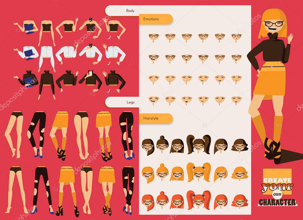Beautiful hand drawn set with parts for creating character design. Vector collection with emotions on face, various hairstyles, casual clothes and shoes, different poses. Hipster girl character