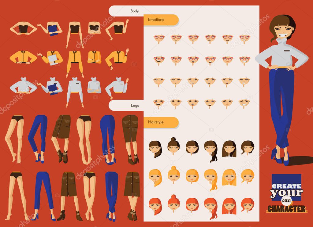Lovely office girl character with lots of spare body parts. Creation constructor includes various heads with hairstyles, emotions, different clothes and poses. Cartoon business person illustration.