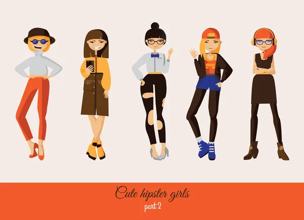 Lindo vector de chicas en hipster calle estilo casual. Chicas encantadoras sonriendo con varios peinados, posturas piernas, posiciones brazos, ropa, accesorios. Colección creativa aislada sobre fondo . — Vector de stock