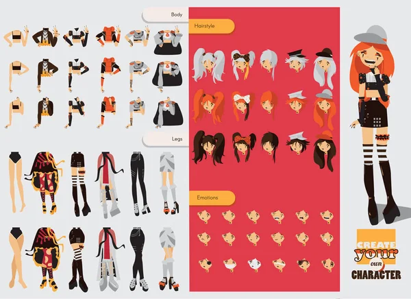 Constructor with spare parts for lovely visual kei girl. Different hairstyles, emotions, accessories, posing for hands and legs positions. Creative collection with subculture lolly style, gothic — Stock Vector
