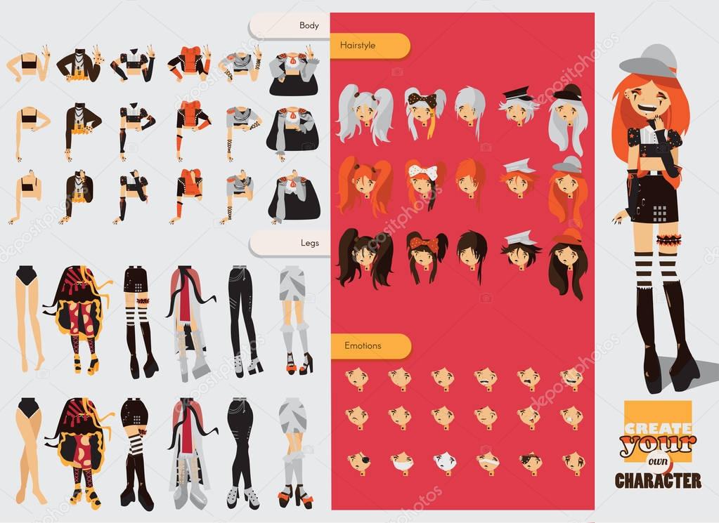 Constructor with spare parts for lovely visual kei girl. Different hairstyles, emotions, accessories, posing for hands and legs positions. Creative collection with subculture lolly style, gothic