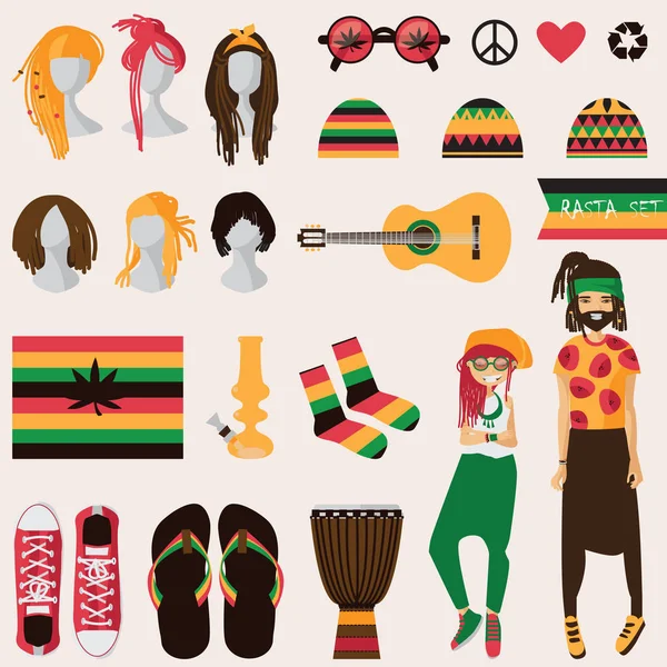 Rastafari subcultuur. Paar jonge rastaman vrouw en man met dreadlocks in rasta kleding, instellen van verschillende objecten geïsoleerd op de achtergrond als sneakers, waterpijp, gitaar, kapsels voor haar en hem — Stockvector