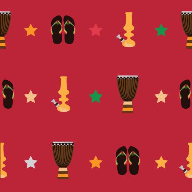 Bongo, flip flop ve sigara esrar kırmızı zemin üzerine sarı tüttürgeç Rastafarian Dikişsiz desen. Vektör çizim ile sorunsuz tasarım