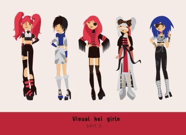 Çok güzel görsel kei kızlar. Farklı saç, duygular, aksesuarlar, izole üzerinde arka plan poz. Alt kültür lolly stil, Gotik ile yaratıcı koleksiyonu.