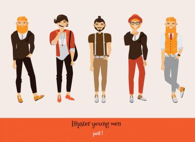 Gülümseyen yüzler çeşitli pozlar ve duyguların yüzleri üzerinde rahat kıyafetler içinde ile vektör erkek hipsters set. Sakallı şık erkek koleksiyonuyla sokak moda