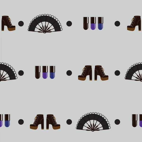 Nahtloses Muster mit Gith-Accessoires auf grauem Hintergrund. Subkultur kreatives Design in dunklen Farben. Muster basiert auf schwarzem Fächer, hohen Plateauschuhen und dunklen Nagellackflaschen — Stockvektor