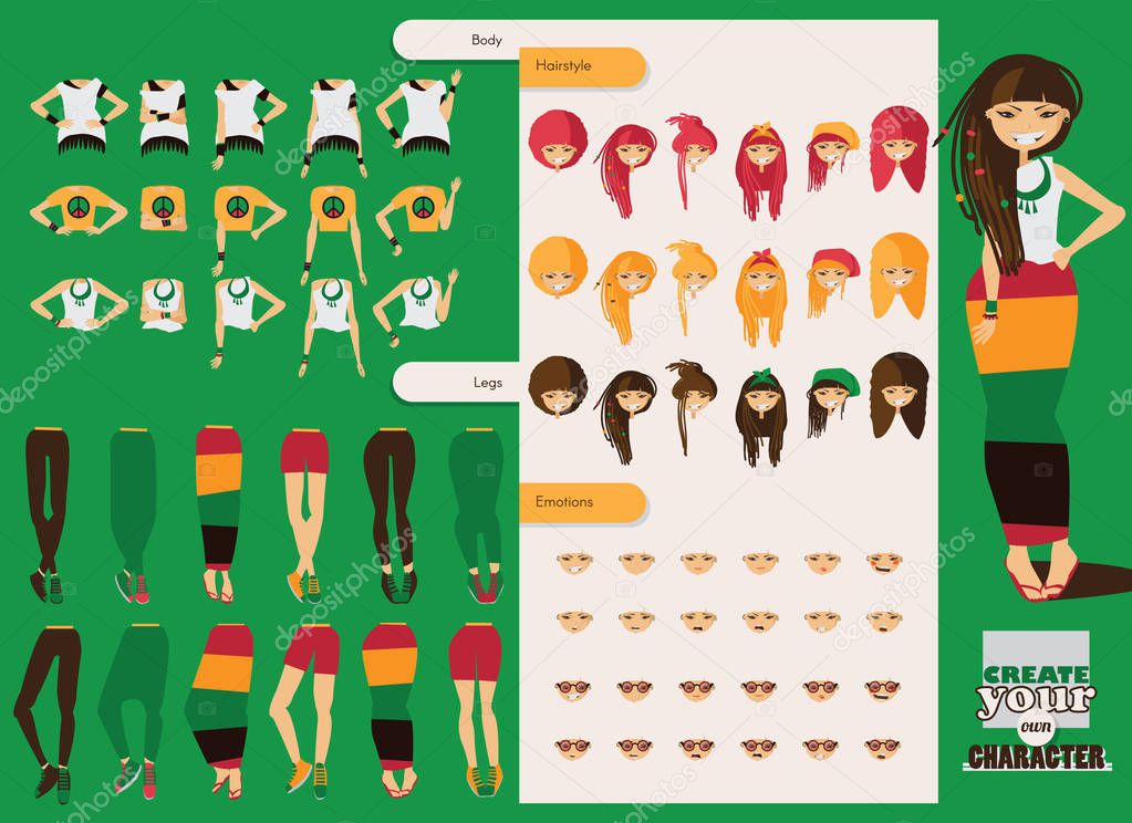 Vector constructor of rastafarian girl character. Spare body parts in various clothes, different emotions set, rasta dreadlocks of different hairstyle. Creation character collection.