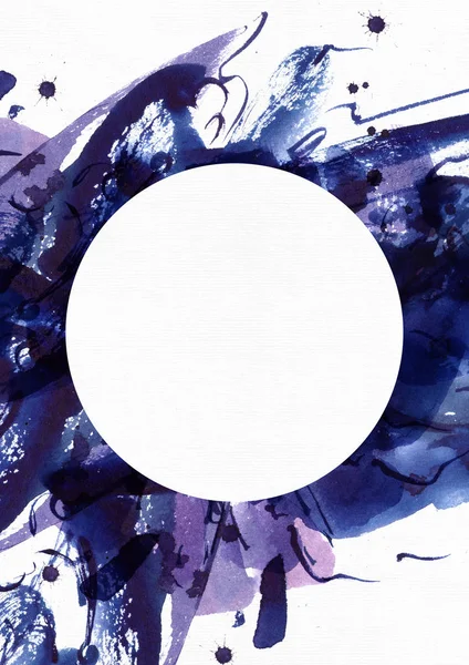 大型抽象水彩背景有白色圆圈中心。蓝色和紫色的生动手绘笔刷污渍，点和木纹白色纹理纸上的斑点。与 textholder 大光栅图 — 图库照片