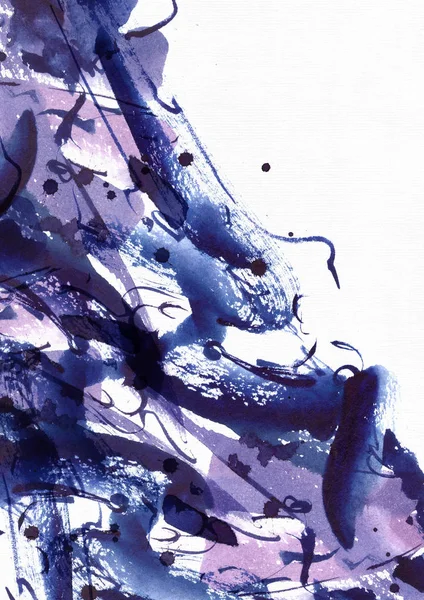 Groot abstract aquarel achtergrond. Levendig blauw en paars freehand borstel vlekken, stippen en vlekken op korrelige textuur Witboek. Groot raster illustratie — Stockfoto