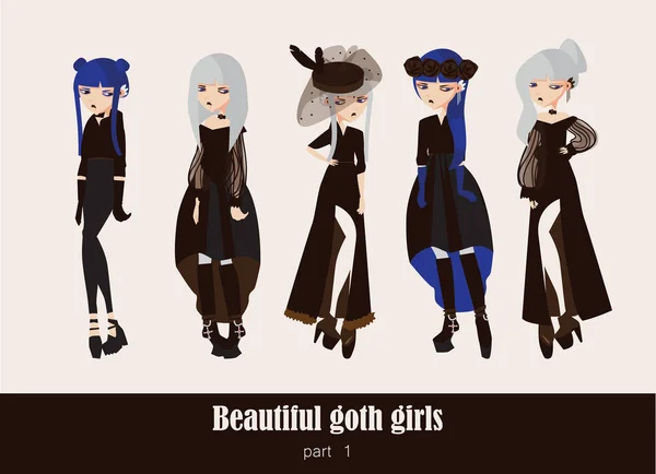 Vektor diatur dengan terisolasi pada latar belakang gadis gothic. Pakaian gotik dengan warna gelap, dengan aksesoris yang berbeda, berbagai gaya rambut dan berpose. Karakter serius - Stok Vektor