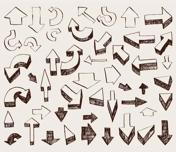 Vektor-Set von handgezeichneten Pfeilen und Cursors unterschiedlicher Form und Richtung, gezeichnet mit Feder und Unvollkommenheiten. Kreative Infografik-Sammlung — Stockvektor