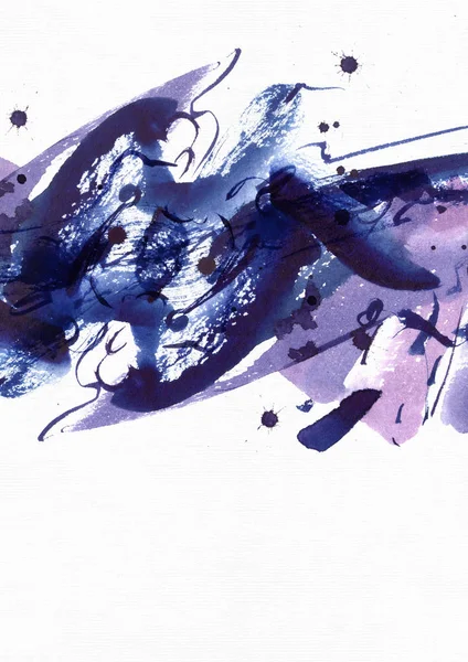 Velké abstraktní akvarel zázemí. Zářivé modré a fialové od ruky štětec skvrny, tečky a skvrny na zrnitý bílý strukturovaný papír. Velkého rastrového obrázku — Stock fotografie