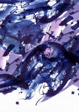 Büyük arka suluboya plan. Canlı mavi ve mor serbest fırça lekeleri, noktalar ve sağlam doku grenli beyaz suluboya kağıt üzerinde noktalar. Grenli raster illüstrasyon.