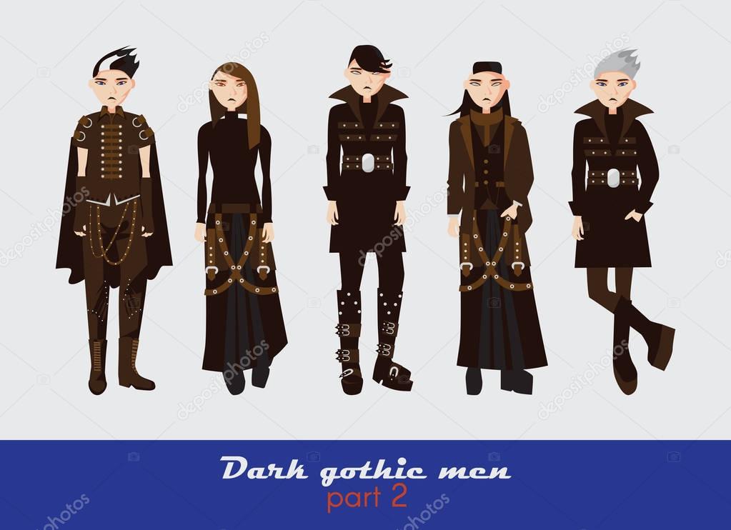 Vector set with dark gothic young men. Guys standing and watching at spectator. Dark clothes in goth style isolated on background.