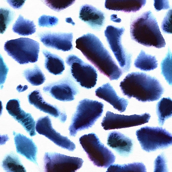 Large raster illustration with blue and aqua brush spots, hand drawn with watercolor ink and brush. Seamless pattern on white textured paper, good for design and decoration