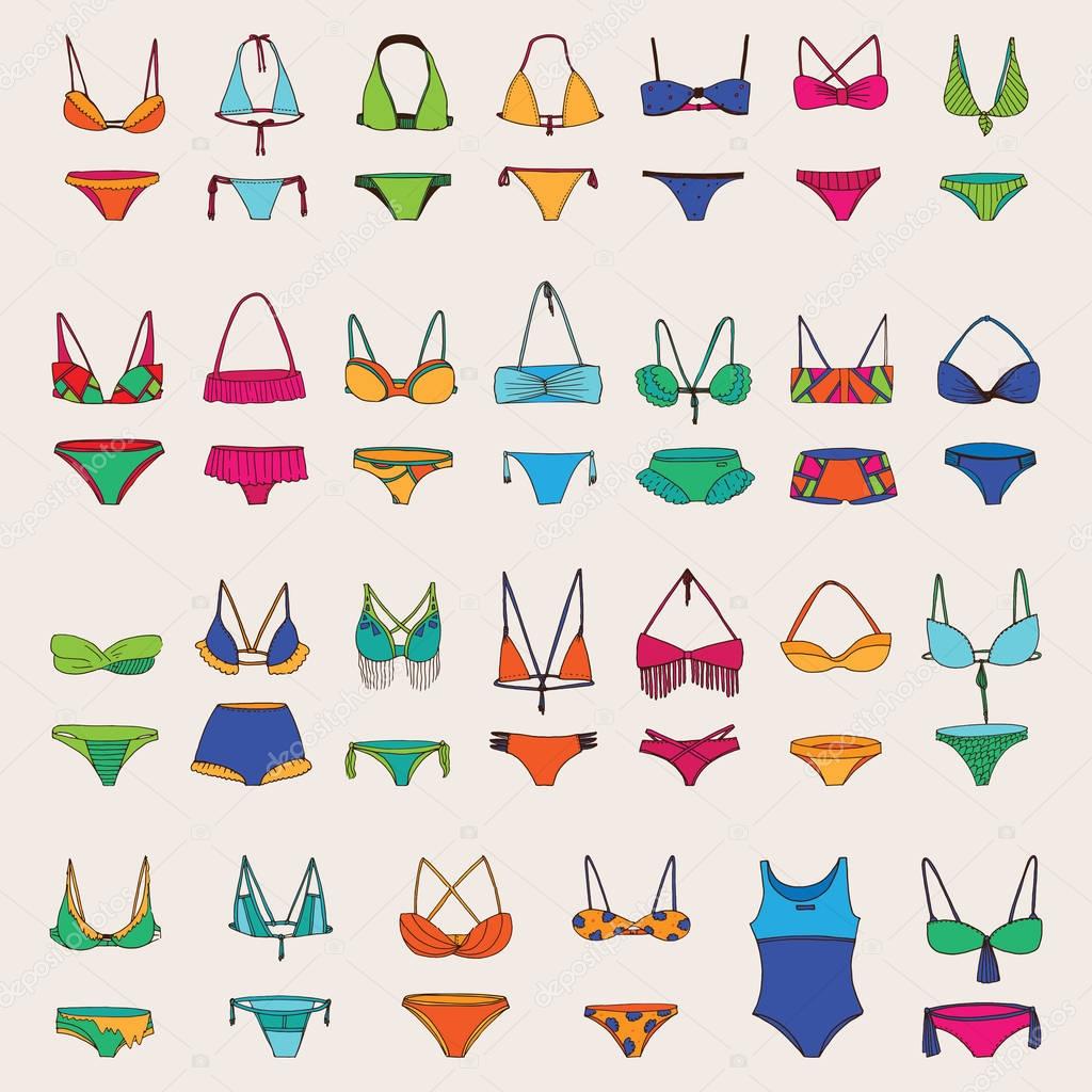 Vector hand drawn set with various women swimsuits. Bright colors and dark outline for different bikini collection. Fashion summer drawing with imperfections.