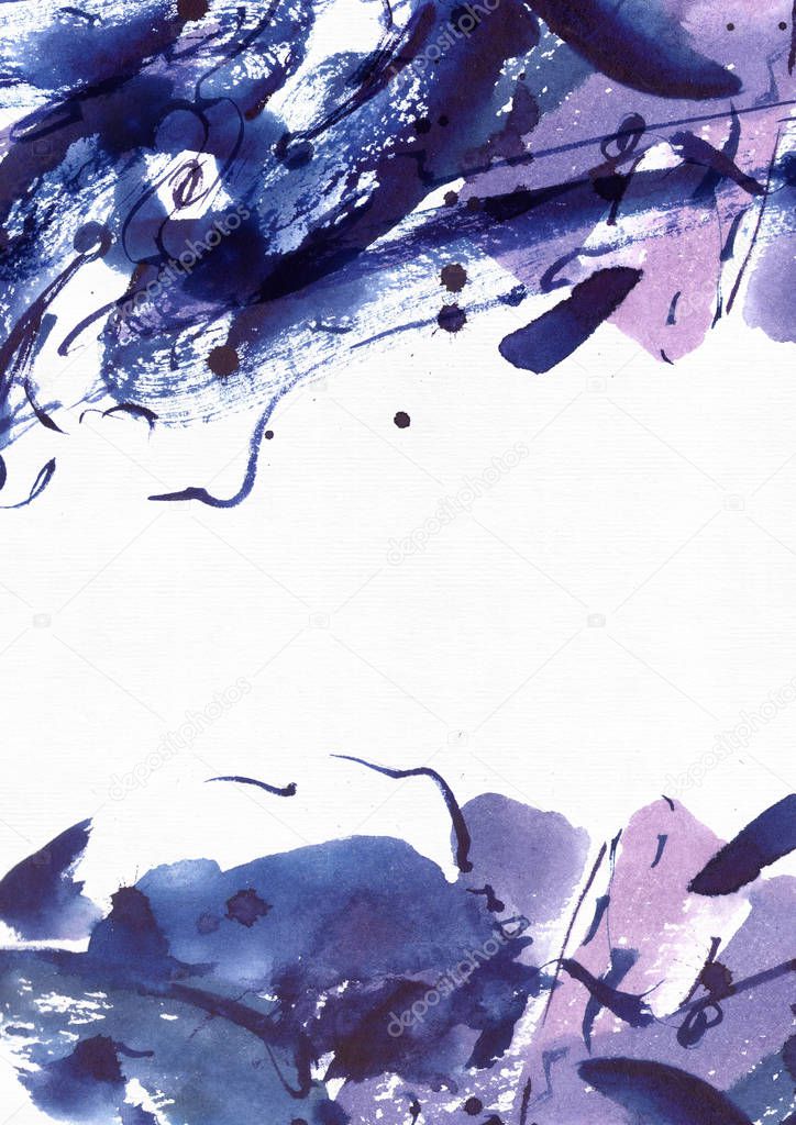 Large abstract watercolor background. Vivid blue and purple freehand brush stains, dots and spots in solid texture on grainy white watercolor paper. Grainy raster illustration.