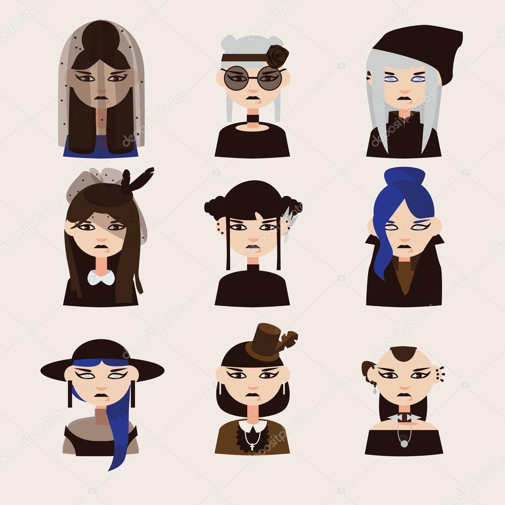 Vector set with gothic girls characters, drawn with various hairstyle, clothes and hats. Women portraits good for goth avatar.