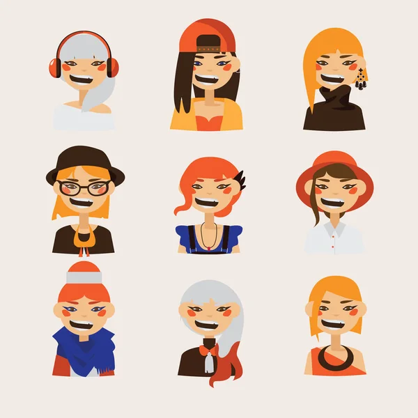 Vektör gülümseyen ve seyirci izlerken kadın hipster avatarları ile ayarla. Çeşitli saç modeli ve kıyafet, şapka ve boyama ile parlak karakterler.