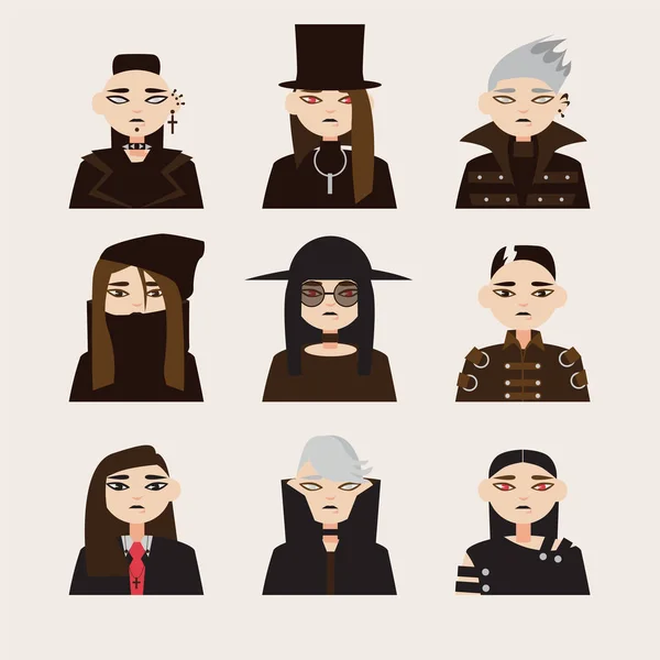 Set vectorial con avatares de hombre gótico en sombreros, con pelo oscuro y lente de ojos de colores. Diferentes jóvenes aislados en el fondo . — Vector de stock