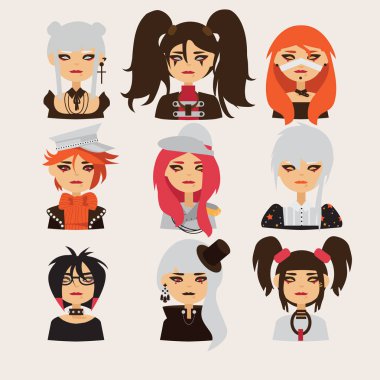 Vektör güzel görsel kei kızlarla karakterleri ayarlayın. Farklı saç modeli, renk ve aksesuarları ile başlar. cosplay avatarlar için iyi ve Japonca karakterler ile ilgili