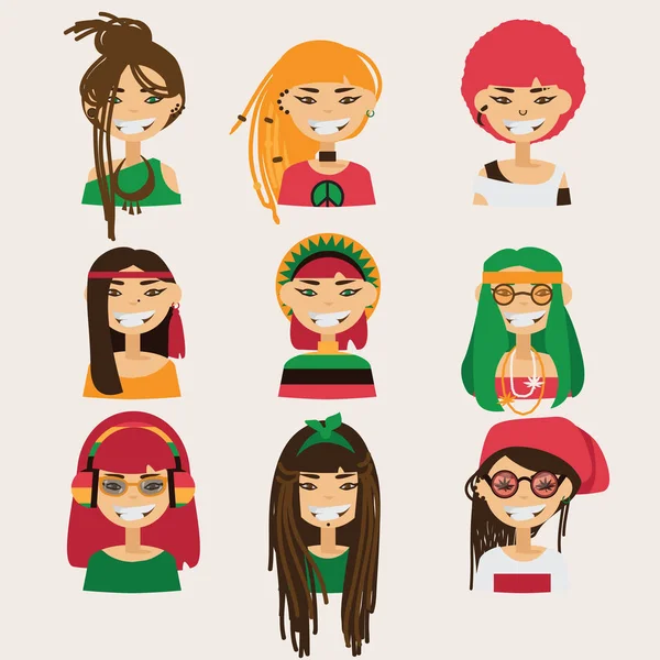 Ensemble vectoriel avec de beaux personnages de filles rastafariennes. Têtes avec coiffure, couleur et accessoires différents . — Image vectorielle
