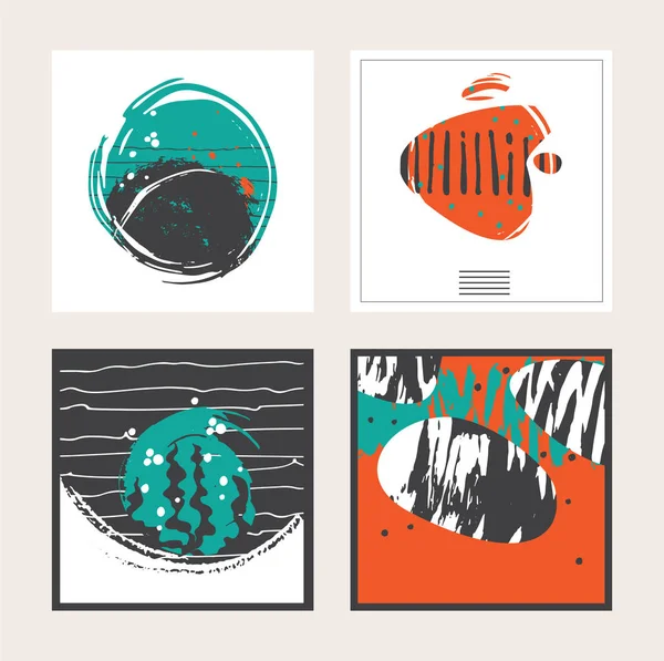 Conjunto de tarjetas cuadradas vectoriales, dedicadas al mar, algas marinas, peces. Tarjetas conceptuales abstractas decorativas dibujadas a mano con aqua, naranja, blanco y negro . — Vector de stock