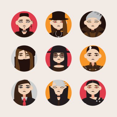 Vektör şapka, siyah saçlı ve daire şekillerde renkli gözleri lens ile Gotik adam avatarları ile ayarlayın. Farklı genç erkekler üzerinde parlak arka plan izole