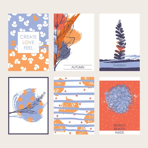 Set vettoriale di belle carte vettoriali con bellezza e foglie autunnali, bacche e decorazione disegnata a mano. Colori vivaci e pastello . — Vettoriale Stock