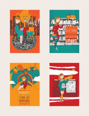Parlak renkli el posterler için kitapları severim adanmış çekilmiş. Kız ve kitap, dikey kompozisyon yazı yaratıcı okuma kedi. Vektör çizim