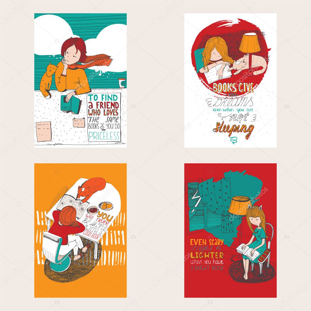 Bright colorful hand drawn posters dedicated to love with books. Girl and cat reading books, creative lettering in vertical composition. Vector illustration.